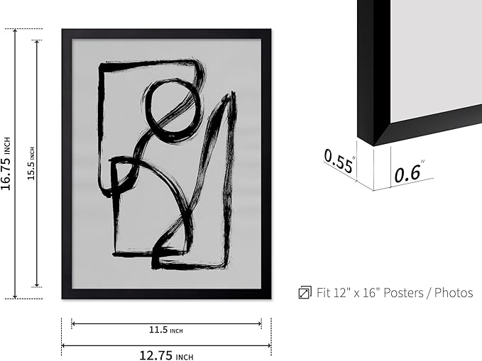 Monem Art Black and White Abstract Line Art Print - Minimalist Monochrome Brushstroke Art Poster - Wall Decor for Living Room, Bedroom or Office - 12x16 Black Framed Wall Art by Mareike Bohmer
