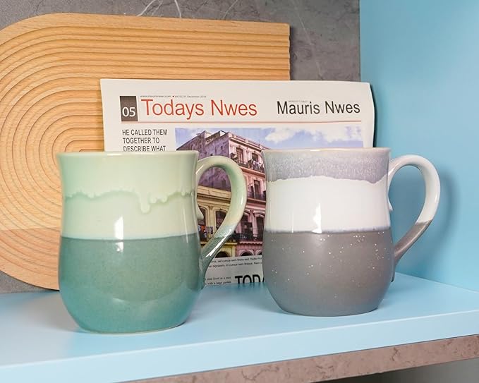 Large Ceramic Coffee mugs, 20 oz Big Tea Cups Handmade Pottery Mug, Large Handle Coffee Mug for Office and Home, Microwave and Diahwasher Safe. (Light&Deep Green)