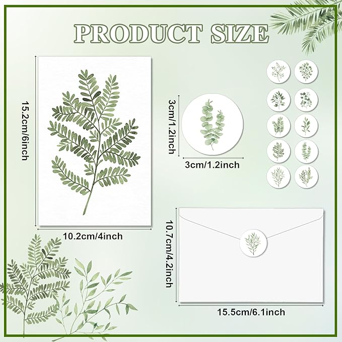 50PCS Greenery Blank Cards and Envelopes Bulk 4x6 Inch Watercolor Botanical Greeting Cards With Envelopes Stickers Green Leaves Plants Thank You Note Card For Birthday Baby Bridal Shower Wedding