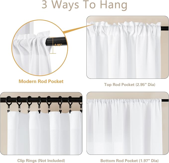 White Linen Kitchen Curtains 30 Inches Long for Half Window Dual Rod Pocket Semi Sheer Drapes Privacy Light Filtering Small Curtains 30 Inch Length for Cafe RV Campers W25xL30 Set of 2