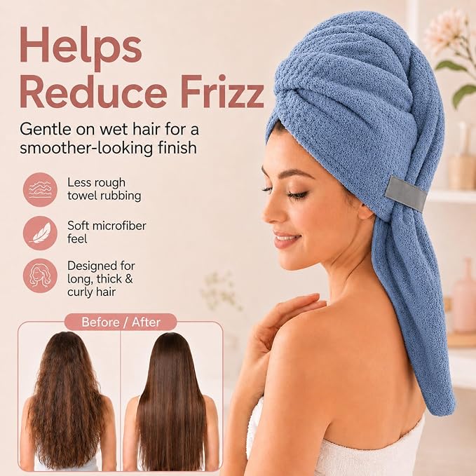Large Hair Towel Wrap for Women, Quick-Dry Turban, Ultra Absorbent & Anti-Frizz, Ideal for Long, Thick & Curly Hair, Soft Lightweight Microfiber Drying Towel (24x42, Blue)