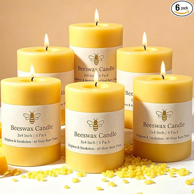 6 Pack Beeswax Pillar Candles, 360 Hours 3x4in Beeswax Pillar Candle Pure Natural Bee Wax Candle for Home, Emergency, Relax, Dripless & Smokeless