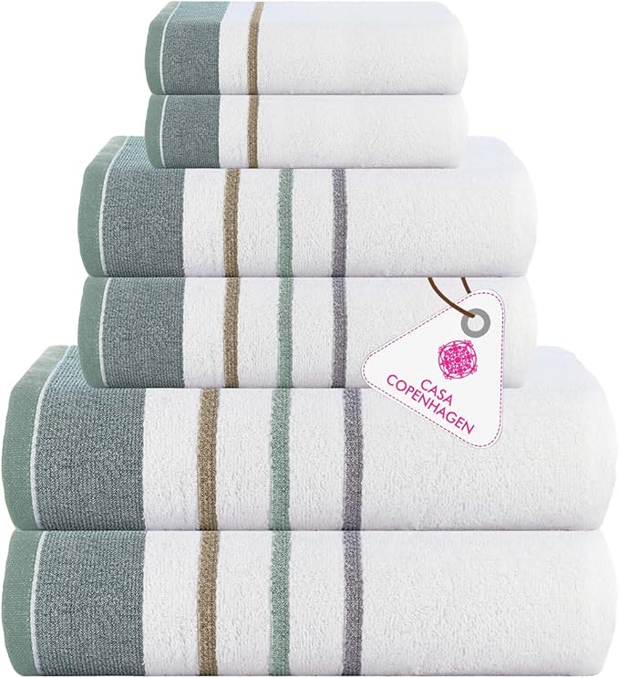 CASA COPENHAGEN White Bay 6Pcs 100% Egyptian Cotton Large Designer Towels Gift Set- Grey - Sea Grass, 600GSM, 2Bath 2Hand 2Washcloths, Bath Towels for Bathroom Set for Women & Men