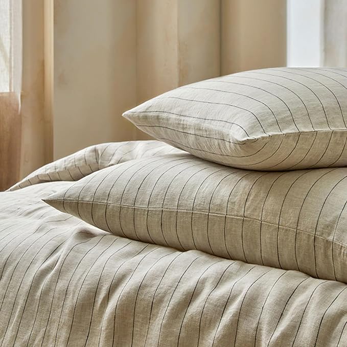 mixinni 3 Piece Striped Duvet Cover Set, Neutral Washed Cotton Linen Blend Bedding, Vintage Stripe Comforter Cover with 2 Pillowcases, Soft Breathable Farmhouse Bed Set for All Season-King Size