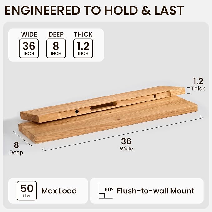 Fun Memories 36 Inch Floating Shelf, 8 Inch Deep Rounded Edge Solid Elm Wood Wall Shelf with Hidden Bracket, Modern Floating Shelves for Living Room & Fireplace