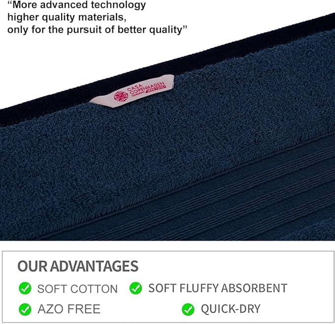 CASA COPENHAGEN Zero Twist 6Pcs 100% Egyptian Cotton Large Designer Towels Gift Set- Navy Blue, 600 GSM, 2Bath 2Hand 2Washcloths, Bath Towels for Bathroom Set for Women & Men