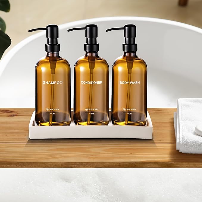 Amber Glass Shampoo and Conditioner Dispenser Set – Refillable 16 oz Pump Bottles with Concrete Tray – Luxury Bathroom Organization & Modern Shower Soap Dispensers
