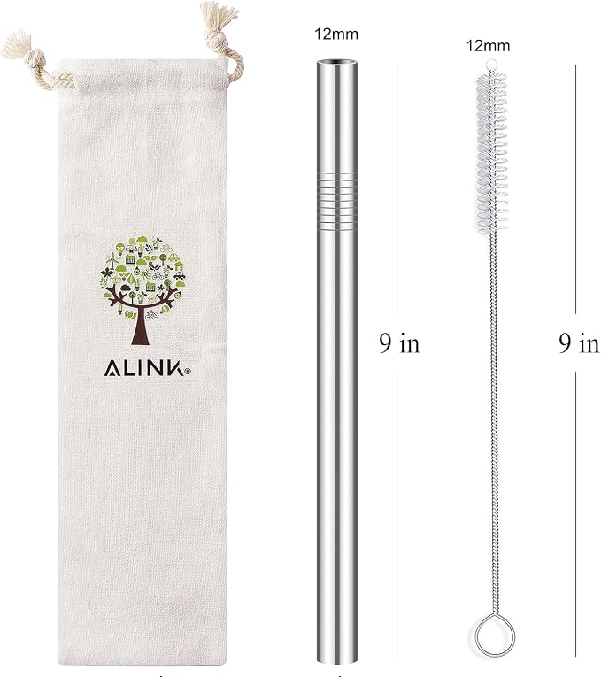 ALINK Reusable Boba Straws with Case and Cleaning Brush, 4-Pack Extra Wide Stainless Steel Metal Bubble Tea Straw for Smoothie, Shakes, Tapioca Pearl, 12 mm x 9 inch