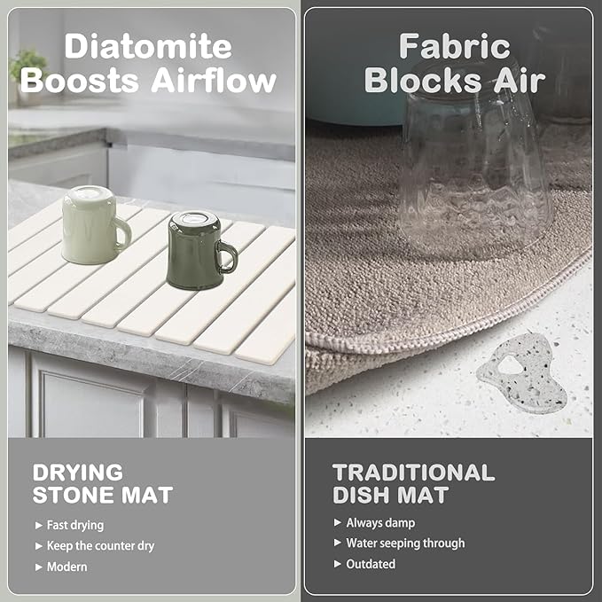Large Stone Dish Drying Mat for Kitchen Counter, Foldable Quick Drying Dish Mats, Ultra Absorbent Diatomaceous Earth Mats for Dishes Bottles Cups, Match Any Countertop (White 24"×16" & 8"x4")