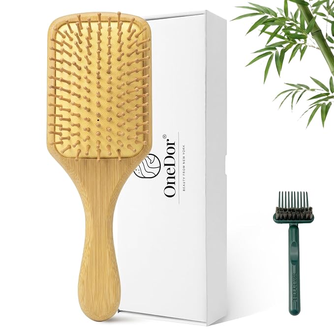 Onedor Bamboo Hair Brush Natural Wooden Paddle Hairbrush with Bamboo Bristles for Detangling and Scalp Massage for Women & Men Suitable for Straight Curly Thick or Thin Hair (Paddle)