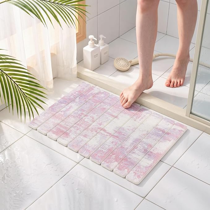 Findosom Stone Dish Drying Mat for Kitchen Counter, 15.7" × 11.8" Foldable Non-Slip Stone Drying Mat with Abstract Pattern, Heat Resistant Diatomaceous Earth Mat for Bath, Dishes, Cups, Pink