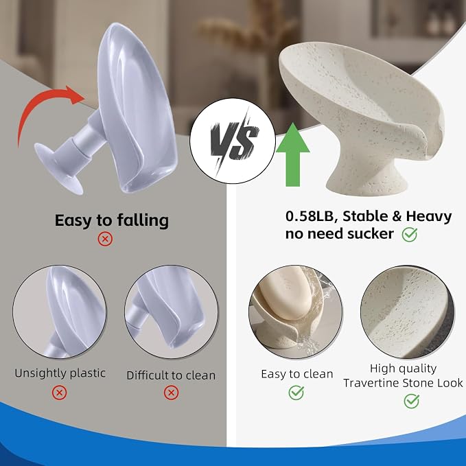 Soap Dish, 2 PCS Self Draining Bar Soap Holders, Leaf Shape, Cream | Resin, Travertine Stone Look, Modern, Keeps Bar Soap Dry, Decorative Soap Saver for Bathroom Countertop Kitchen Sink Bathtub