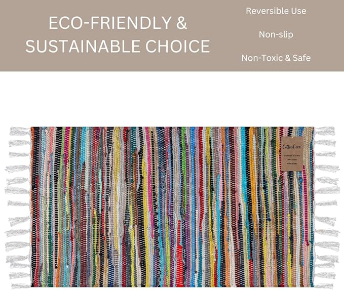 Cotton Chindi Rug - Boho Rustic Area Accent Throw Rug - Area Floor Carpet for Bedroom Living Room Kitchen Dorm Entryway Hallway - 20x32 inch Hand Woven Reversible Area Rug Multi Color