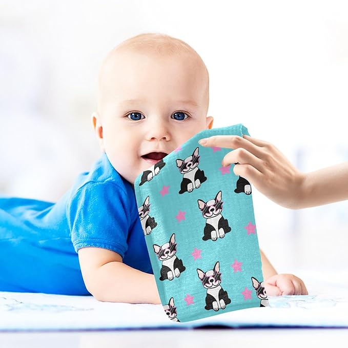 Baby Funny French Bulldog Muslin Washcloths 3 Pack - Muslin Burp Cloths Hanky Large 11.8"X11.8" Extra Soft Absorbent Baby Burp Rags for Newborn 100% Cotton for Boys Girls Gift