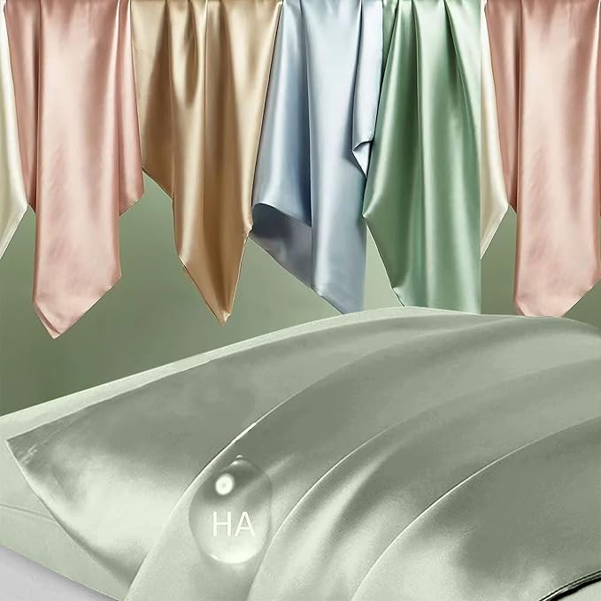 Silk Pillow Cases 2 Pack, Mulberry Silk Pillowcases Standard Set of 2, Smooth, Anti Acne, Beauty Sleep, Both Sides Natural Silk Satin Pillow Cases for Women 2 Pack with Zipper for Gift, Sage Green