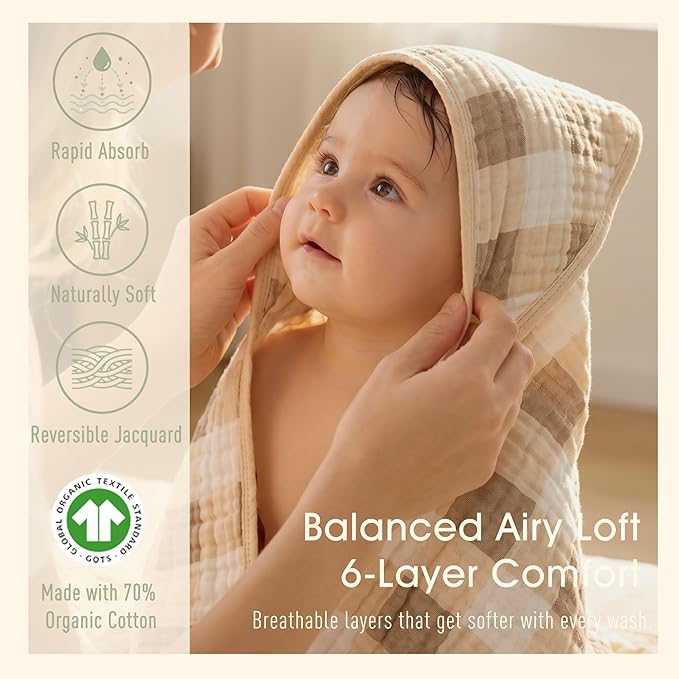Ultra-Soft Muslin Baby Towel - 32 x 32 Inches, Ideal for Bath & Beach, Suitable for Both Boys & Girls from Newborns to Toddlers(Beige Coffee Plaid)