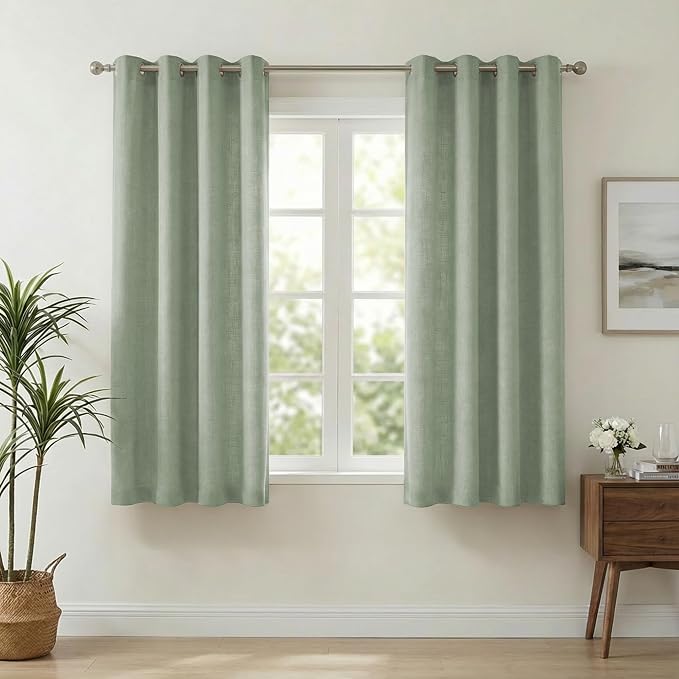 NICETOWN Sage Green Linen Blended Curtains 63 Inch for Bedroom, Light Filtering Semi Sheer Burlap Curtains Farmhouse Grommet Privacy Window Drapes for Living Room, 2 Panels (52 x 63 Inch)