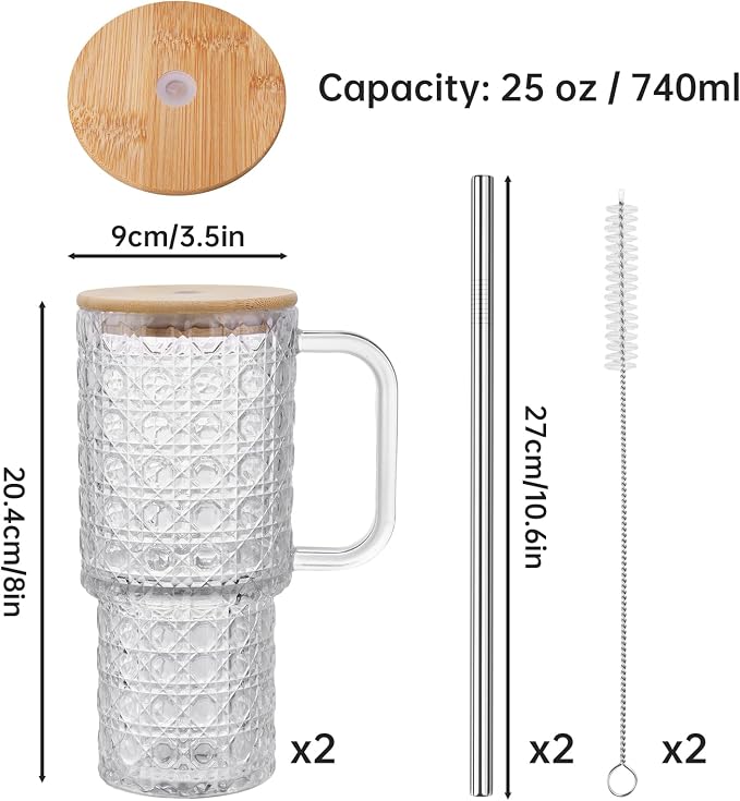 NiHome 2PCS Glass Tumblers with Handles & Bamboo Lids, 25oz/740mL Clear Glass Cups with Stainless Steel Straws, Brushes, Spill-Resistant Silicone Rings, Reusable for Iced Coffee, Juice, Water, Car