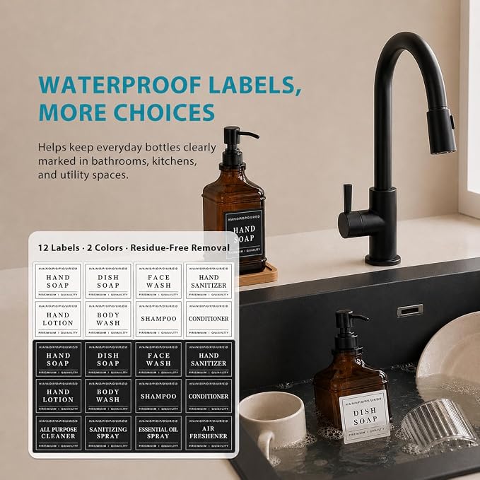 Glass Countertop Soap Dispenser Set: Modunful M1 DM2670 Amber 2 Pack 16.9oz | Anti-leak Stainless Steel Pump, Bamboo Tray, Silicone Funnel,60 Waterproof Residue Free Labels, Bathroom Decor