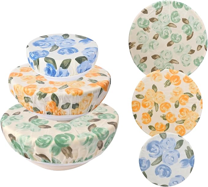 Reusable Bowl Covers for Bread Proofing - Beeswax Bowl Covers Reusable 3 Set, Cotton Blend Stretch Design, Fits 4-13 Inch Bowls, Shower Caps for Sourdough Bread, Dough Proofing & Food Storage（Roses）