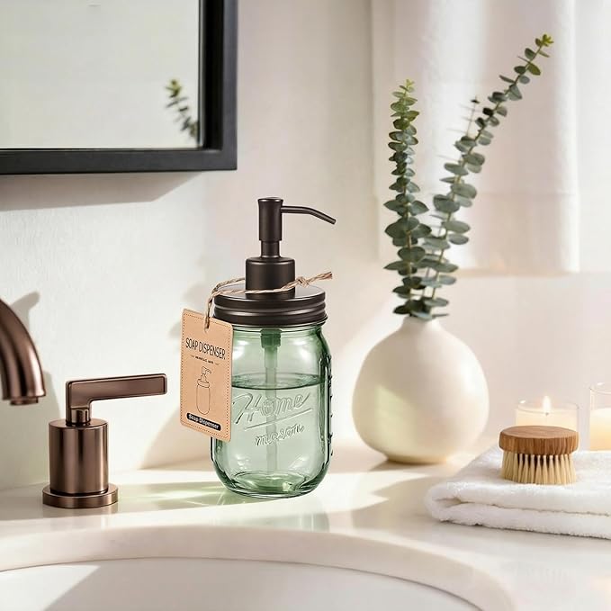 SheeChung Mason Jar Green Glass Soap Dispenser, Stainless Steel Pump, Refillable Dish soap Dispenser for Kitchen, 16Oz Bathroom Hand Soap Dispenser for Lotion, Liquid, Farmhouse Decor-Bronze, 2 Pack