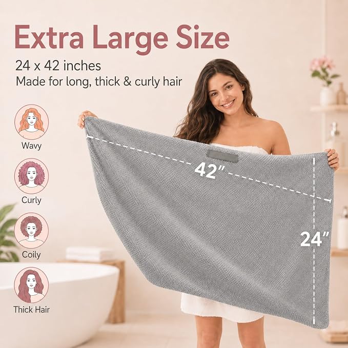 Large Hair Towel Wrap for Women, Quick-Dry Turban, Ultra Absorbent & Anti-Frizz, Ideal for Long, Thick & Curly Hair, Soft Lightweight Microfiber Drying Towel (24x42, Grey)