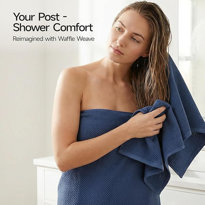 REDKISS 100% Cotton Waffle Weave Bath Towels 4 Pack - 27.5x55 Inches| Lightweight, Quick Dry & Highly Absorbent,Perfect for Spa, Gym, Travel, Guest Bathroom-Blue