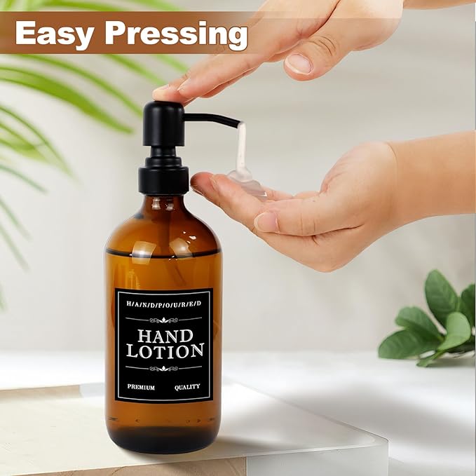 Amber Glass Soap Dispenser, Sturdy Hand Soap Containers with Waterproof Labels and a Foldable Funnel, Refillable Dish Soap Bottles Set for Bathroom Kitchen Hotel