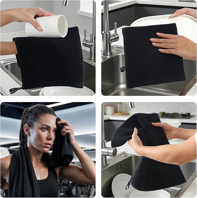 REDKISS 100% Cotton Waffle Weave Bath Towels 4 Piece - 27.5x55 Inches| Lightweight, Quick Dry & Highly Absorbent,Perfect for Spa, Gym, Travel, Guest Bathroom-Black