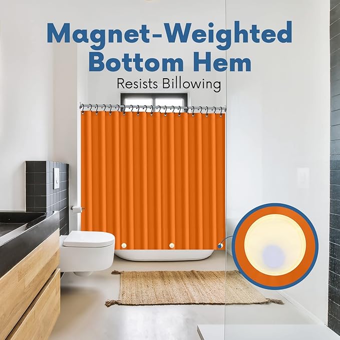 No Smell Shower Curtain Liner 72x72 Orange - PEVA Plastic Shower Curtain for Bathroom, PVC-Free Waterproof Orange Shower Liner with Metal Grommets and Magnet-Weighted Bottom Hem - Washable Liner