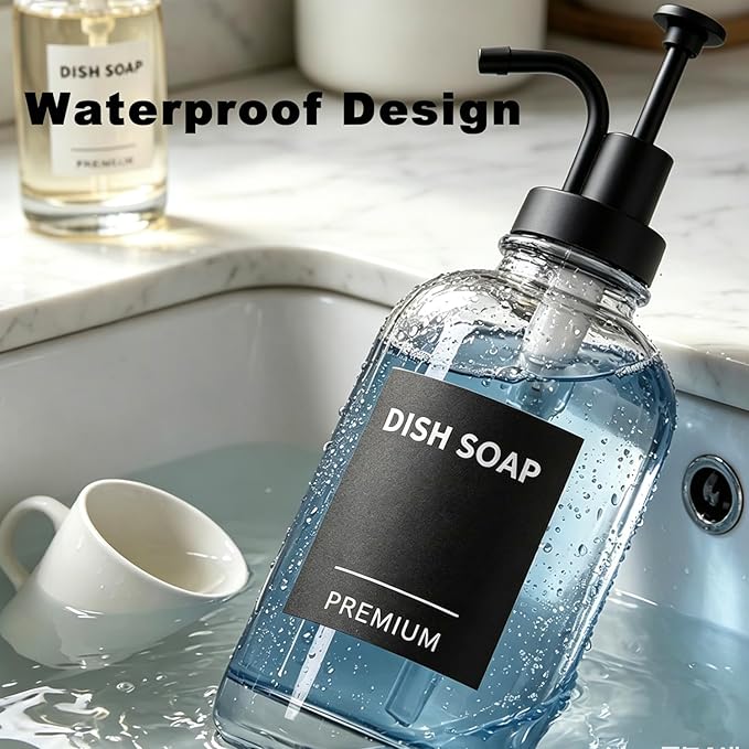 Dish Soap Dispenser for Kitchen, Hand Glass Soap Dispenser Set with Pump, Tray, Funnel for Bathroom, Shower, Laundry, Liquid, Lotion (Black 2 Pack 18 Oz Clear Bottles with 12 Stickers)