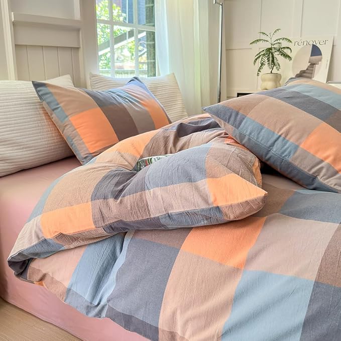 FACE TWO FACE Bedding Duvet Cover Set100% Washed Cotton Duvet Cover Linen Like Textured Breathable Durable Soft Comfy (Twin, Cookie Powder Grid)
