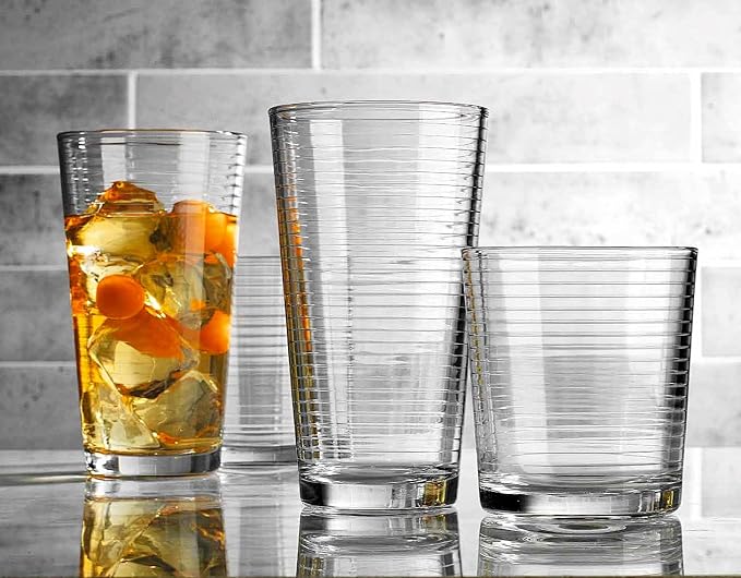 Drinking Glasses - Set of 8 Glass Cups, 4 Highball Glasses (17oz) 4 Rocks Glasses (13oz) Ribbed Glasses for Mixed Drinks, Water, Juice, beer, Wine, Excellent Gift!
