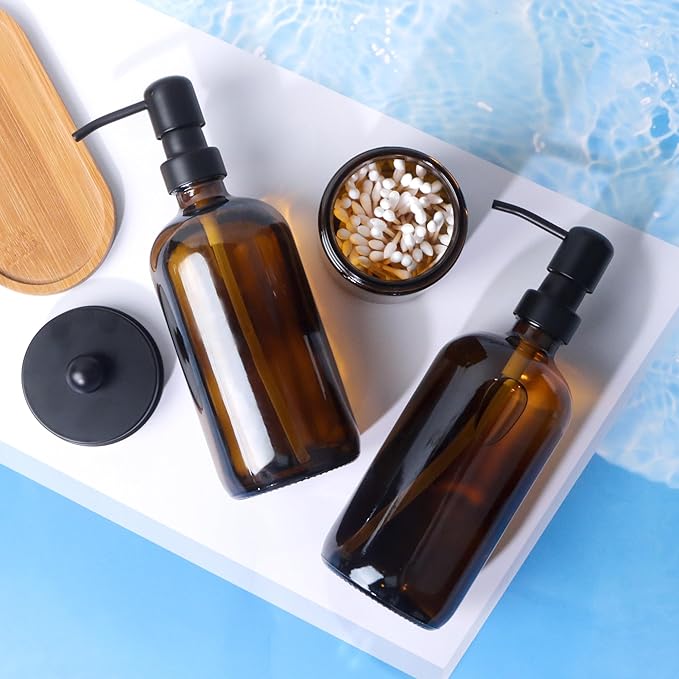 Bathroom Accessory Set 5 Pcs, 2 Pcs 16oz Amber Glass Soap Dispensers with Stainless Steel Pumps, 2 Pcs Qtip Holder Dispensers with Waterproof Labels & Bamboo Tray
