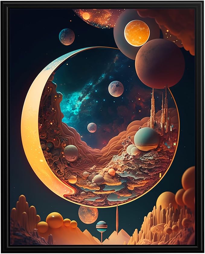 InkFlow Posters Cosmic Crescent Moon Poster - Dreamy Space Art with Planets and Stars - Surreal Outer Space Landscape for Bedroom, Living Room, Home - 18x24 Unframed Canvas Print