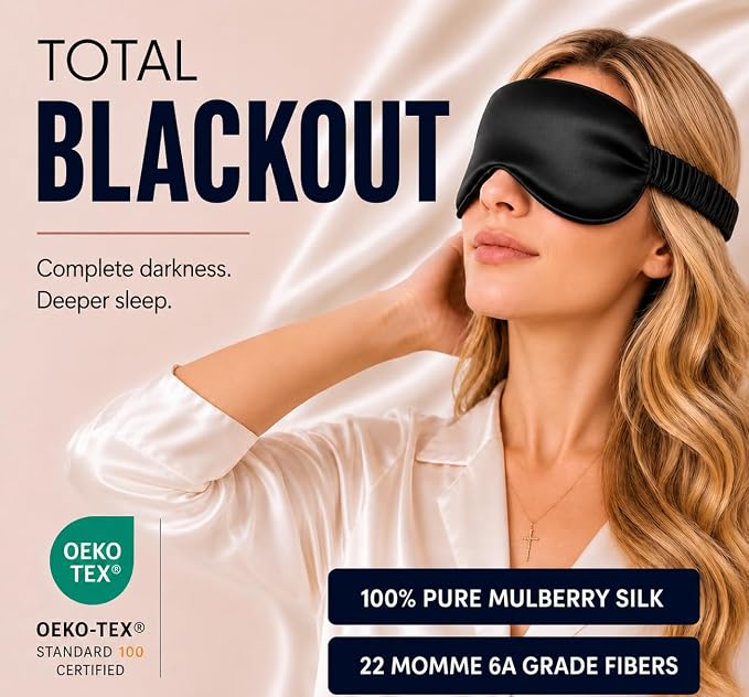 Silk & Chill™ 100% 22 Momme Mulberry Silk Sleep Mask | Oeko-TEX® Certified | 3D Contoured Eye Cover, Black