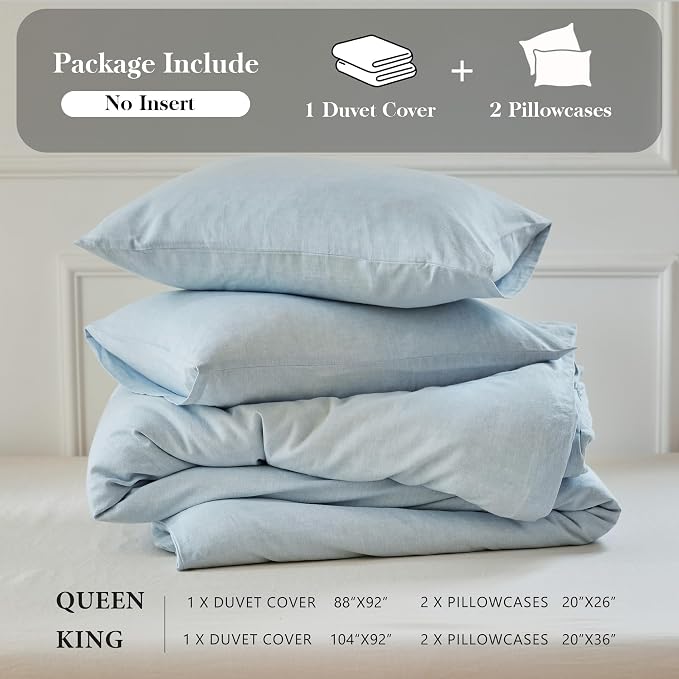 Simple&Opulence Linen Duvet Cover Set King Size - French Linen Cotton Woven Blend in Light Blue, 3 Pieces (1 Comforter Cover 104x92” + 2 Pillowcases), Soft & Breathable All-Season Farmhouse Bedding