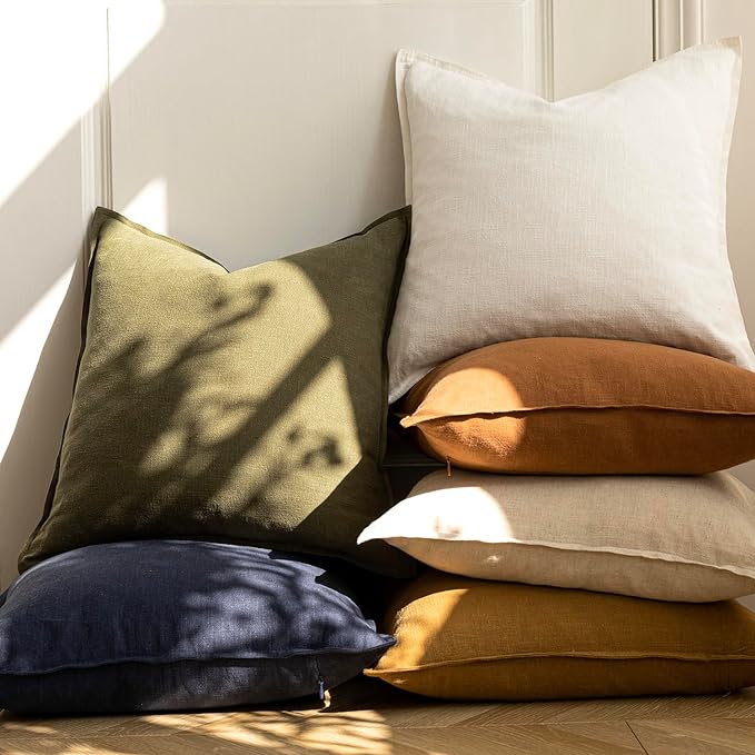 Foindtower Pack of 2, Decorative Linen Soild Throw Pillow Covers Soft Accent Cushion Case Boho Farmhouse Neutral Pillowcase for Chair Couch Sofa Bedroom Living Room Home Decor 16 x 16 Inch Cream White