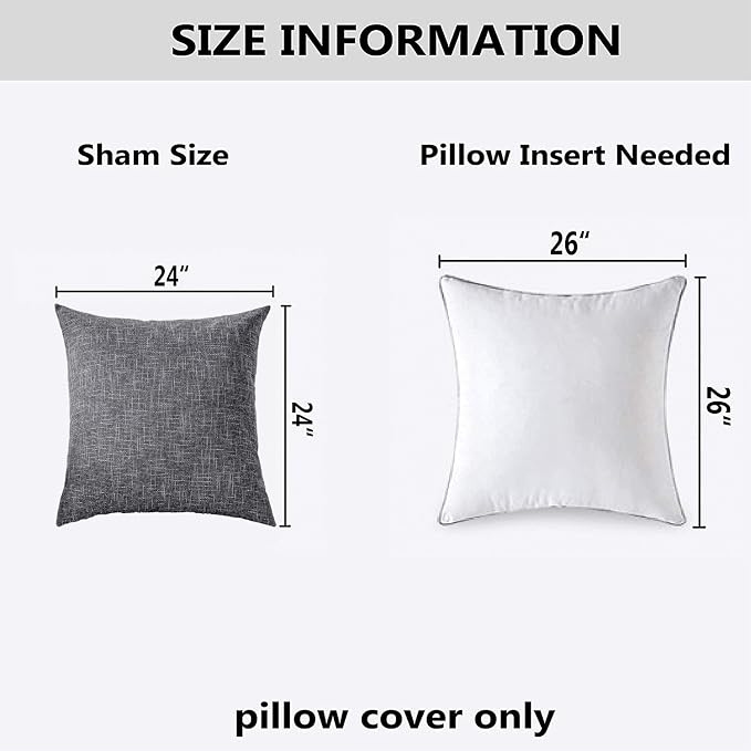 Kevin Textile Square Throw Pillow Cover, Linen Soft Cushion Covers, 24" x 24" Farmhouse Pillowcase, Home Decor Decorations for Sofa Couch, Set of 2, Dark Grey