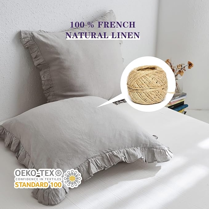 Simple&Opulence 100% Linen Euro Sham Covers with Ruffle, 26x26 Inch Pillow Covers Set of 2, Euro Pillow Shams for Bed Couch French Home Decor Luxury and Breathable Square Pillow Cases, Light Grey