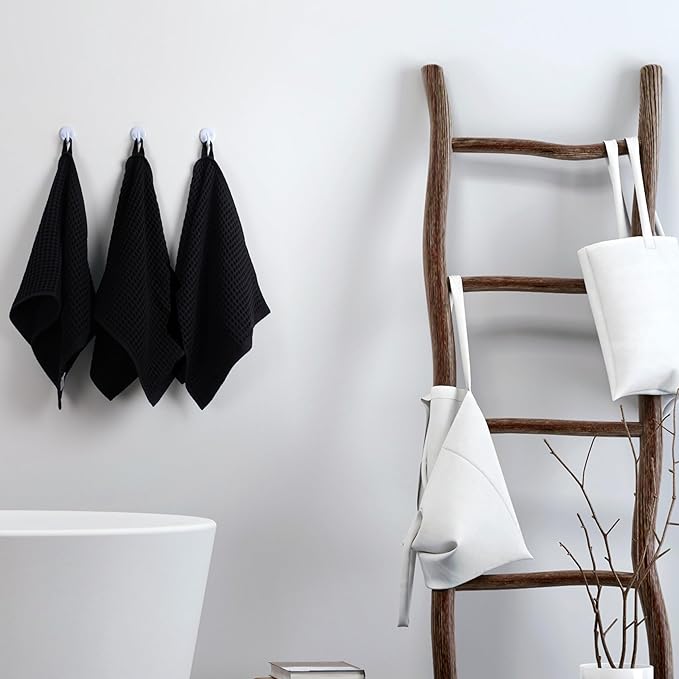 PÜSKÜL - Set of 3 Organic Waffle Hand Towel Black - Premium Quality, 100% Turkish Cotton, Soft, Quick-Dry, Absorbent, Lint-Free Face Kitchen Hand Towels (Black, Hand Towels - Pack of 3)