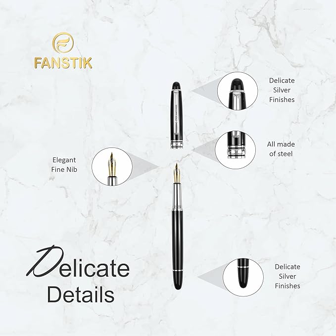 FANSTIK, Customized Fountain pen with name (MADE IN USA), stainless steel, black and silver, luxury engraved pen personalized for men and for women. (Fountain Black-Silver)