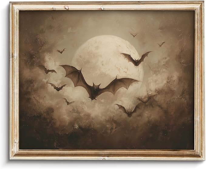 Vodefoad Vintage Halloween Bat Print, Retro Full Moon Gothic Wall Art, Bats Flying in the Dark Night Sky, Eerie Elegance and Classic halloween Mystery,Moody Night Halloweens Wall Decor for Living Room, Bedroom, Bathroom, Holiday Gift - 8x10 Inch Unframed