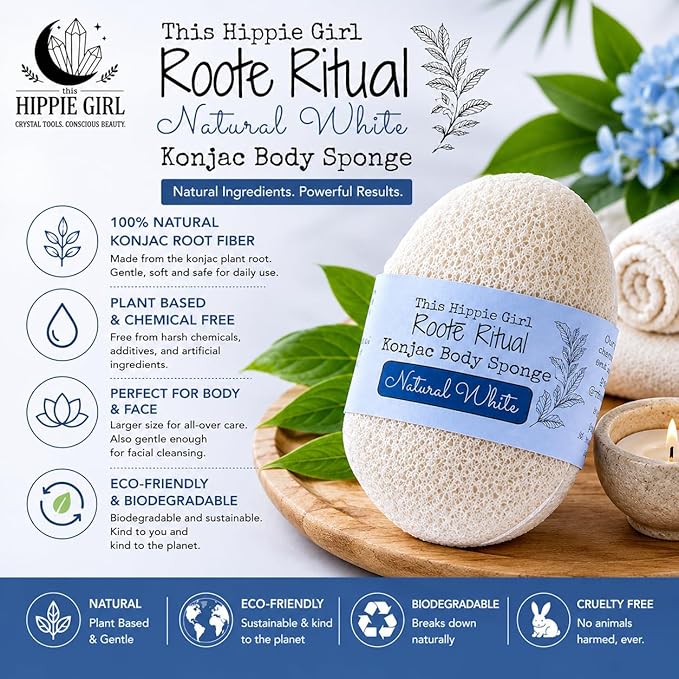 Roote Ritual Konjac Body Sponge – 100% Natural Exfoliating Shower Sponge for Sensitive Skin – Gently Deep Cleanses, Earth-Friendly Loofah, Biodegradable, Vegan – for Women, Men (Natural White)