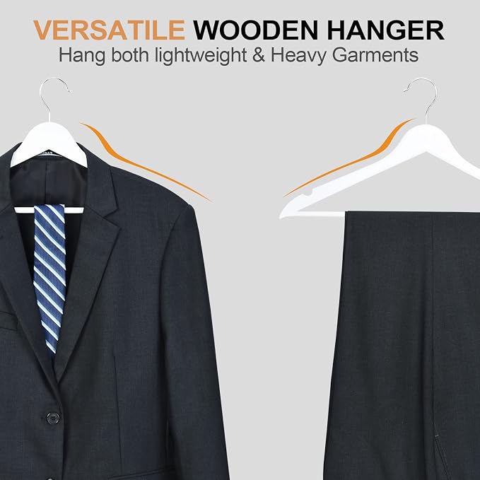Wooden Hangers 30 Pack, Wood Hangers with Extra Smooth Finish, Precisely Cut Notches & Chrome Swivel Hook, Wooden Clothes Hangers for Shirt Coat Jacket Dress, White