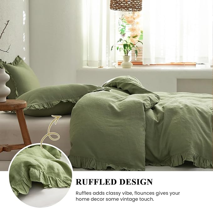 Simple&Opulence 100% Linen Duvet Cover Set, Natural French Flax Sage Green Ruffle Duvet Cover Twin Size, Breathable Comfy Linen Bedding Comforter Cover with 1 Pillowcase (Sage Green, 68" x 86")
