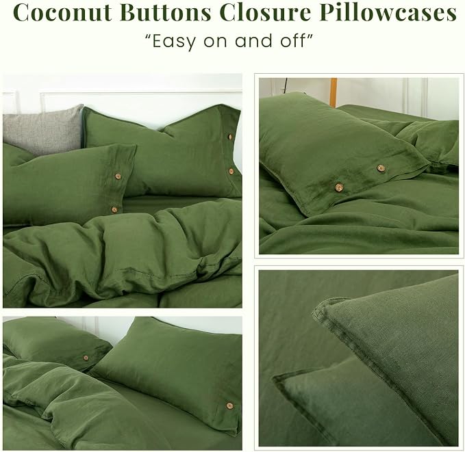 S VICTORY SYMBOL 100% Organic Linen Duvet Cover Set Queen Size,Natural French Washed Flax Bedding Set 3PCS(1 Duvet Cover and 2 Pillowcases) with Coconut Button Closure,Juniper Green