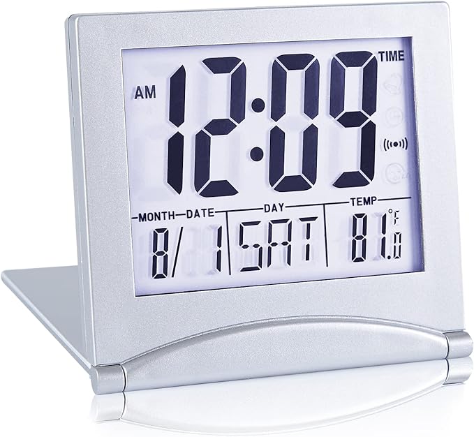 KANBIT Small Digital Travel Alarm Clock Battery Operated, Portable Large Number Display Loud Alarm Clock with Temperature, Night Backlight, 12/24 H Desk Clock -Silver (White Light)