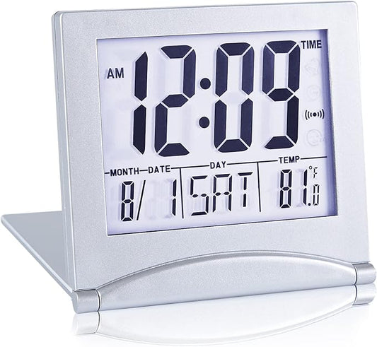 KANBIT Small Digital Travel Alarm Clock Battery Operated, Portable Large Number Display Loud Alarm Clock with Temperature, Night Backlight, 12/24 H Desk Clock -Silver (White Light)