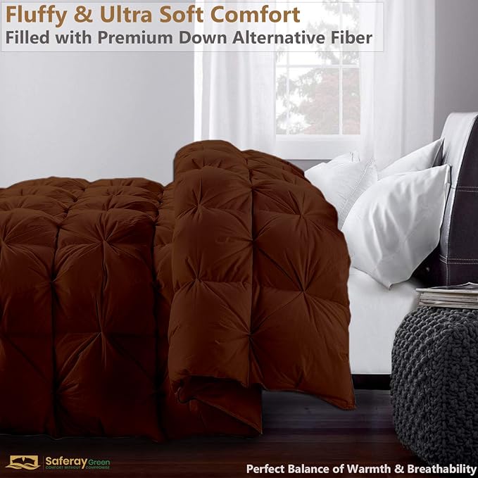 Oversized King Down Alternative Comforter 132x120 Inch Brown – 500 GSM Ultra Soft Breathable, Luxury Pintuck Pinch Pleat, All Season Duvet Insert with Corner Tabs, Machine Washable
